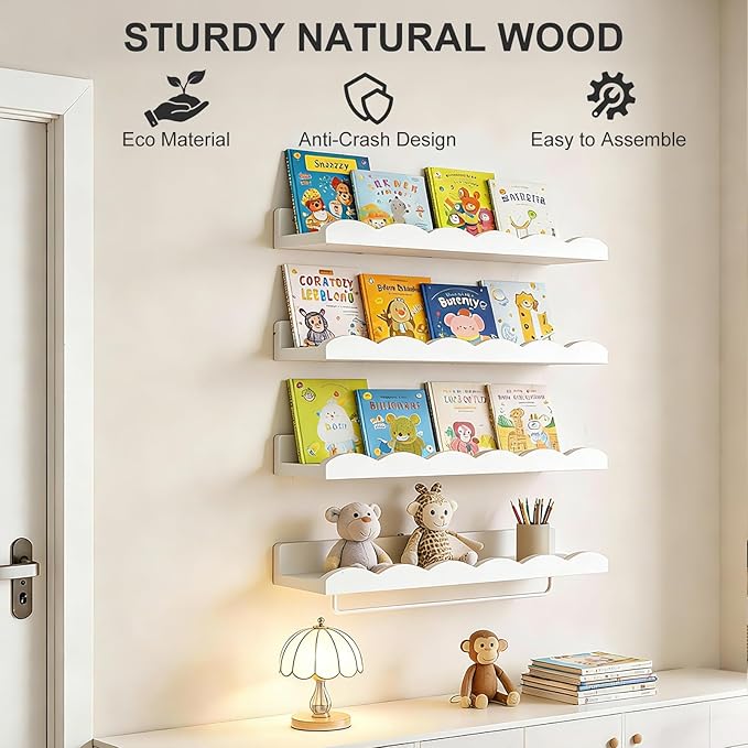 Fixwal Nursery Shelves, 16.5 Inch Floating Bookshelves for Wall Set of 4, Scalloped Wall Book Shelves with Towel Rack for Kids, Toddler Room, Baby Room, Nursery Decor and Storage(White)