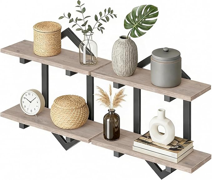 HOOBRO Floating Shelves, 15 Inch Wall Shelf Set of 2, Wall Mounted Storage Shelves 2-Tier, Hanging Bathroom Shelves, for Living Room, Bedroom, Bathroom, Kitchen, Greige and Black BG13BJP201