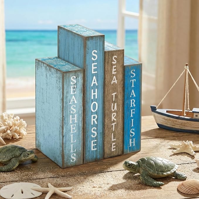 4 Pcs Summer Table Decoration Wooden Book Coastal Beach Decoration Blue and White Summer Tiered Tray Decor Wood Book Sign Farmhouse for Ocean Party Home Shelf Coffee Table