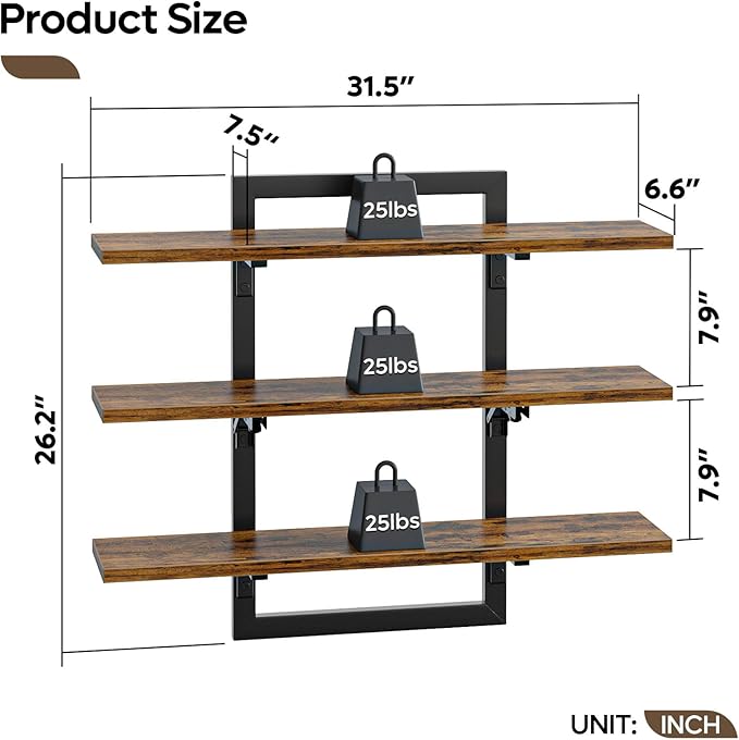 Bestier Floating Shelves for Wall, 32 inch Kitchen Shelves Wall Mounted, 3 Tier Coffee Bar Shelf with Foldable Brackets, Industrial Display Shelf for Bathroom, Living Room, Rustic Brown