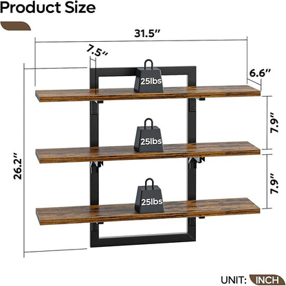 Bestier Floating Shelves for Wall, 32 inch Kitchen Shelves Wall Mounted, 3 Tier Coffee Bar Shelf with Foldable Brackets, Industrial Display Shelf for Bathroom, Living Room, Rustic Brown