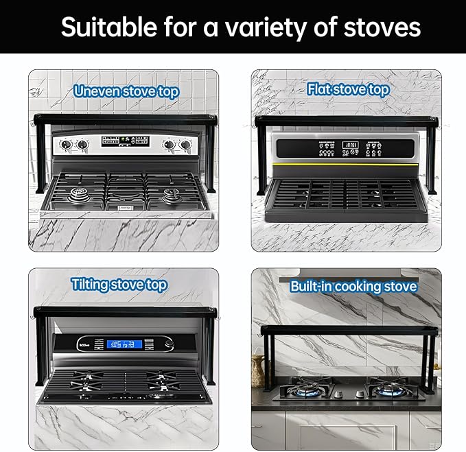 Over the Stove Shelf, Bamboo Stove Top Spice Rack for Kitchen,Wooden Stove Shelf for Back of Stove, Non-slip Countertop Seasoning Organizer with 6 hooks,Easy to Assemble 33.5*4.5*13.4” Black