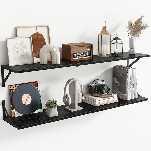 Floating Shelves for Wall,48" Wx8 D Wood Wall Shelves,Hanging Storage Floating Shelf with Metal Brackets,Wide Floating Bookshelf for Living Room,Office,Bedroom,Bathroom,Set of 2,Black