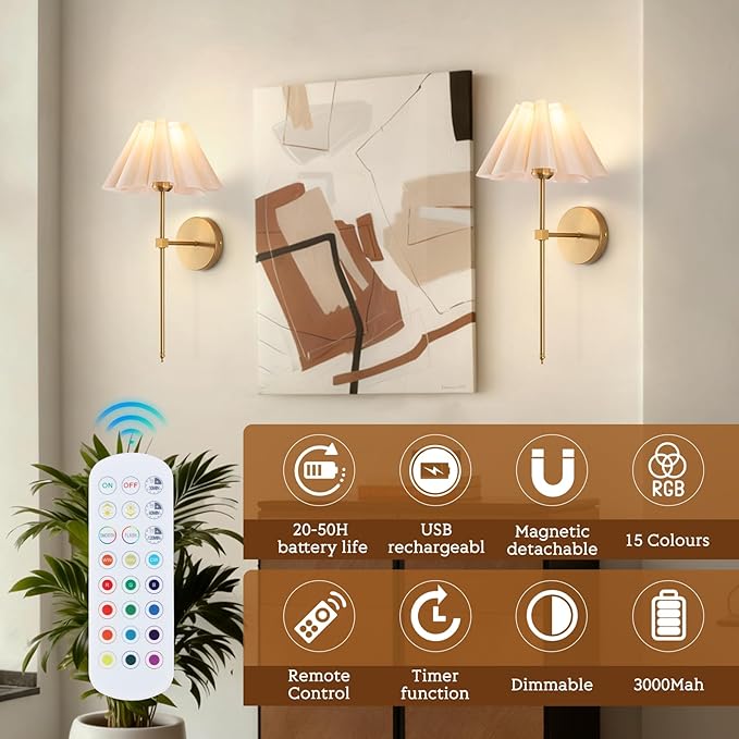Battery Operated Wall Sconces Set of 2, Rechargeable RGB Wall Lights, Not Hardwired Wall Lights with Petal Shades, Wireless Wall Lamp with Remote Control for Living Room Corridor Bedroom etc