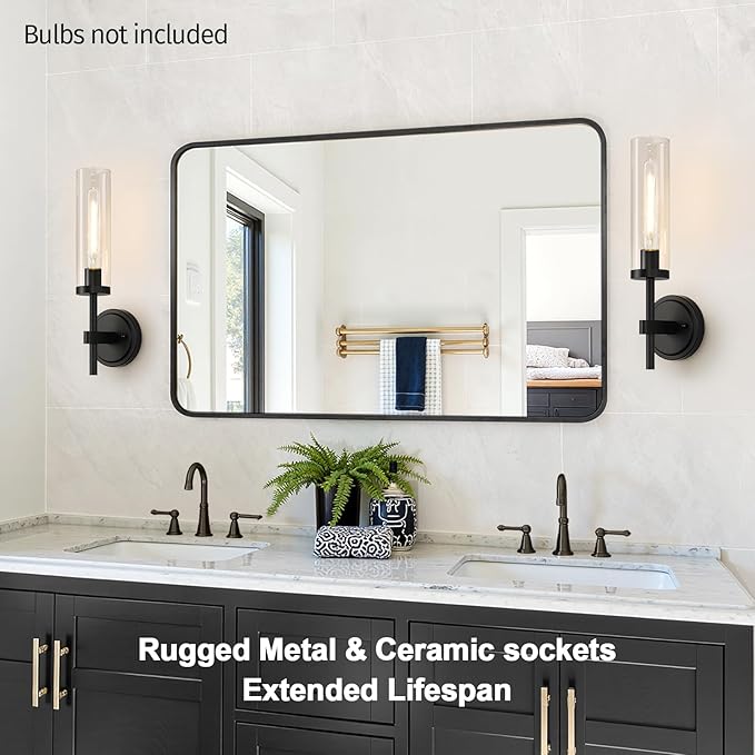 Wall Sconces Set of Two, Matte Black Bathroom Sconces with Clear Glass, Hardwired Sconces Wall Decor Set of 2, Modern Wall Light Fixtures for Bathroom Mirror Living Room Bedroom Hallway