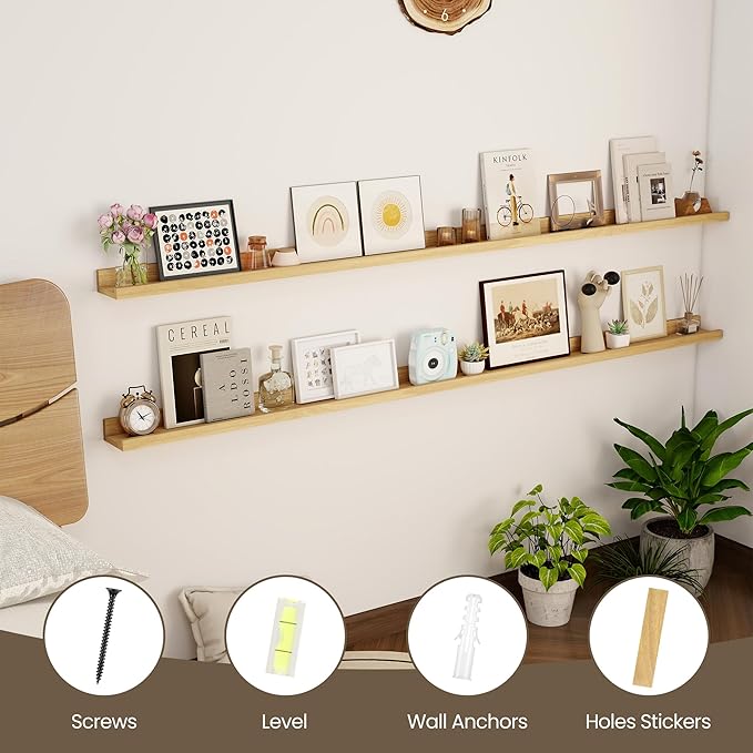 Axeman 72 Inch Floating Shelves | Picture Ledge Shelf Set of 2 | Oak Wall Shelves with Lip | Oak Picture Shelf for Wall with Ledge | Photo Ledges 72 Inch
