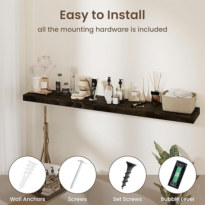 fuqing Wood Floating Shelves - 55 Inch Dark Wood Wall Shelves Set of 1-55 Inch Wide x 9.3 Inch Deep x 1.6 Inch Thick Wooden Shelves for Room Decor & Storage