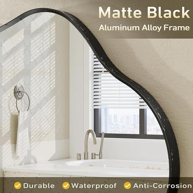 20x32 Black Irregular Wall Mirror, Black Asymmetrical Mirror with Aluminum Alloy Frame for Bathroom Bedroom Entryway, Shatterproof, Anti-Rust(Horizontally/Vertically)