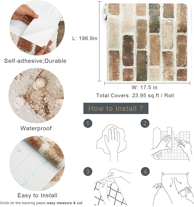 Timeet Vintage Brick Wallpaper Peel and Stick Wallpaper for Bedroom 17.5 "x 197" Brown Stone Wallpaper Self Adhesive Removable Wallpaper for Fireplace Laundry Living Room Accent Walls