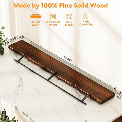 Floating Shelves for Wall Rustic Farmhouse 55 Inch Floating Shelf Bathroom Wooden Shelves for Wall Mounted Live Edge Pine Shelf with Unique Natural Grain for Living Room Bedroom Kitchen (Walnut)