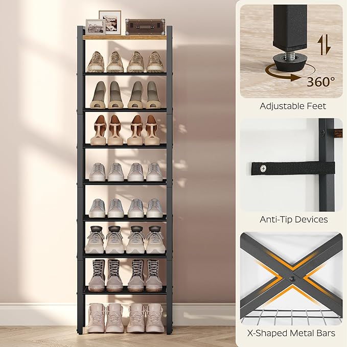8-Tier Narrow Shoe Rack, Tall Shoe Rack for 8-16 Pairs, Slim Shoe Storage Organizer with Wooden Top, Space Saving, Metal Frame, for Entryway, Rustic Brown and Black SS608BR