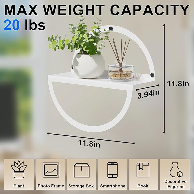 Floating Wall Shelves Set of 2, 11.8 Inch Round Metal Shelves for Wall Decor, One-Tier Small Display Shelf for Bedroom, Living Room, Bathroom, Kitchen Storage & Decoration, White