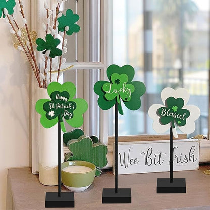 Happy St. Patrick's Day Blessed Lucky Irish Wood Sign Decor Farmhouse Home Office Coffee Bar Kitchen Table Decor 3 Pieces Green