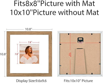 10x10 Picture Frame Set of 9, Display Pictures 8x8 with Mat or 10x10 without Mat, Multi Collage Gallery Square Photo Frames for Wall or Tabletop,Light Brown