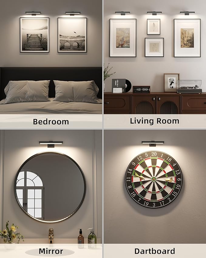 EZVALO Picture Light for Wall, Rechargeable 2400mAh Battery Lights Wireless Remote, 3 Color & Dimmable Magnetic 7.87'' LED Lights Display for Painting, Living Room, Gallery, Bedroom(Black-2P)