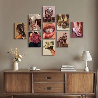 NCYEL 9PCS Black Girl Wall Art Canvas Prints Fashion Aesthetic Posters for Women Bedroom Beauty Room Living Room Salon Glam Wall Decor 8x10 Inch Unframed