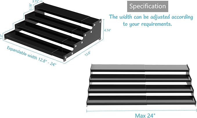 Expandable 4-Tier Step Spice Rack Organizer for Kitchen Cabinet Modern Design and Non Skid Space Saving Storage Shelf for Countertop Cabinets Pantry(2Packs/Black)