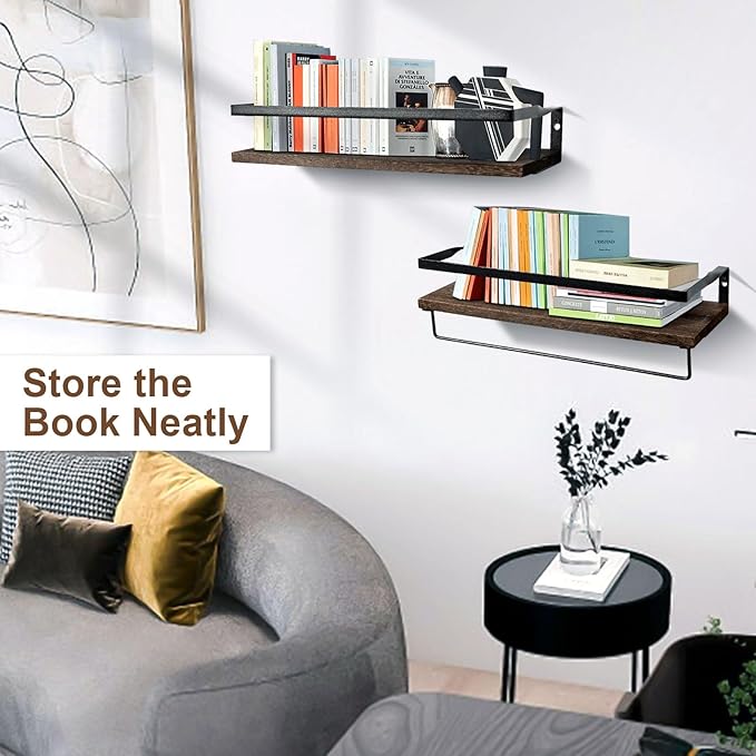 AGM Floating Shelves, 16.5 Bathroom Floating Shelf Set of 2, Carbonized Black Wall Storage Shelf with Towel Bar, Wall Mounted Shelves for Plants, Book, Bedroom, Kitchen, Living Room Decoration