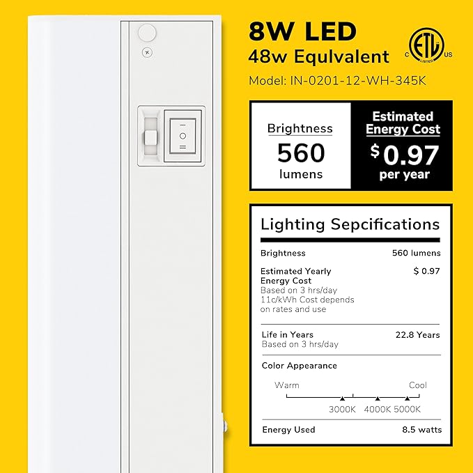 GETINLIGHT 18-inch Hardwired Only 3 Color LED Under Cabinet Lighting, Selectable 3000K/4000K/5000K, Dimmable, Matte White Finished, ETL Listed, IN-0201-12-WH-345K