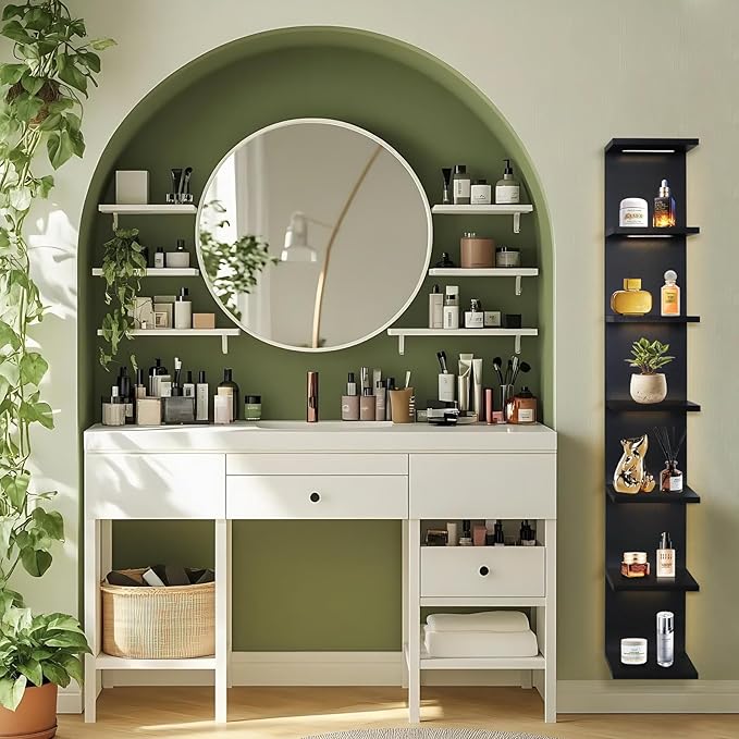 7-Tier Wall Shelf with 3 LED Lighting Modes, Multifunctional Wall Mounted Vertical Lack Shelf with Remote Control for Bedroom Living Room Vanity, Black
