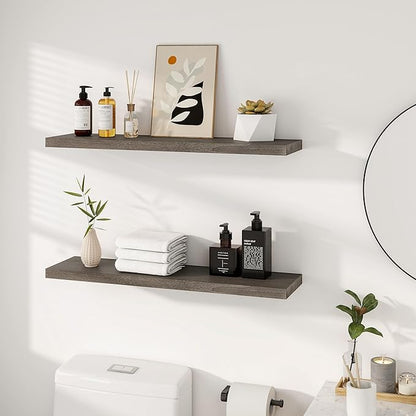 Vivelove Solid Wood Floating Shelves Set of 2, Elm Wood Wall Shelf with Invisible Bracket for Living Room Bedroom Bathroom Office, Rustic Farmhouse Display Shelf, 36 inch - Grey