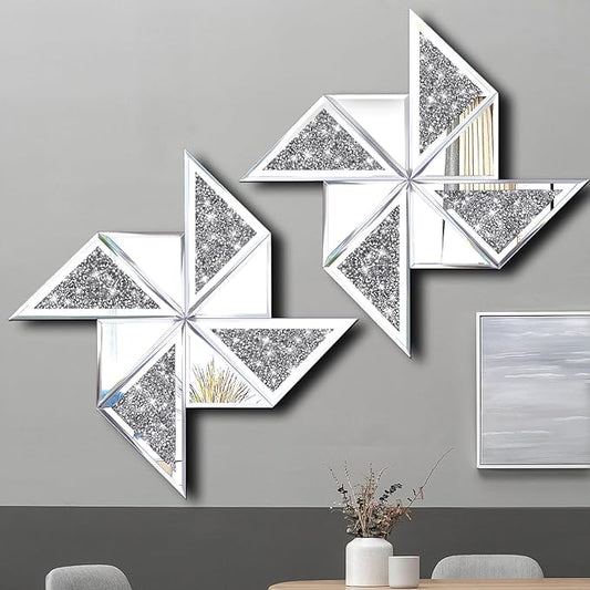 Set of 2 Diamond Decorative Mirrors, Cute Pinwheel Shape Wall Mirror, Crushed Diamond Glass Mirror for Home Décor. (15.6”x15.6”)