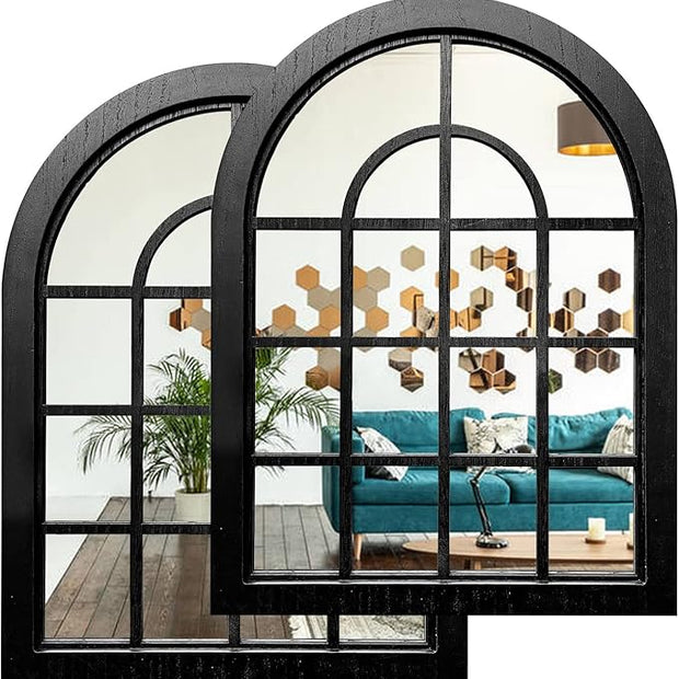 ZEXUIRU 2PCS Arched Window Wall Mirror,Rustic Farmhouse Accent Mirror, Wood Framed Entry Mirror for Living Room,Bathroom,Bedroom,Kitchen,15.7x11.8 Inches