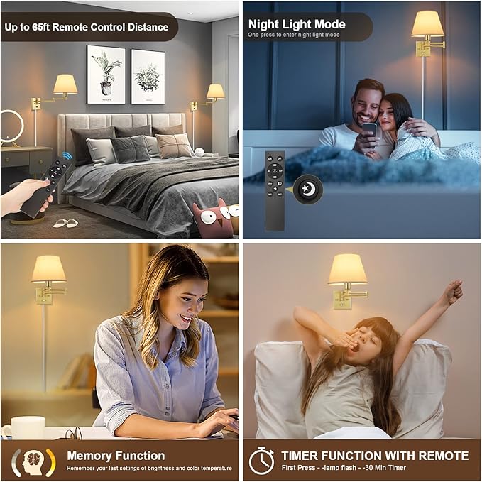 TRLIFE Dimmable Wall Sconce, Remote Control Dimming 10-100% and Adjustable Color Temperature 2700K-6500K Brushed Brass Swing Arm Wall Lights with Plug in Cord, 9.4