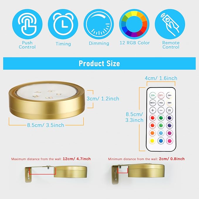 4 Pack Gold Picture Lights for Wall Battery Operated, 12 RGB Color Changing LED Wall Art Light, Magnetic Painting Light with Remote Control, Gallery Lights Photo Sconce for Art Display Frame