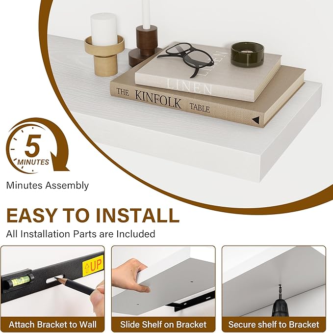 White Floating Shelves 22.5 Inch Long, 8 Inch Deep Floating Shelf Wall Mounted, Rustic Wood Bathroom Shelves for Storage, 22.5x8 Deep Shelf Set of 2 with Invisible Brackets for Books|Storage|Decor