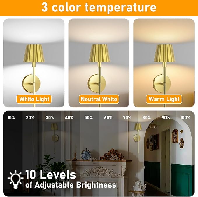 Battery Operated Wall Sconce Set of Two, Rechargeable Wireless Sconces with Dimmable Detachable Magnetic Bulbs and Remote, 3 Colors Wall Lights for Bedroom Living Room Hallway Fireplace