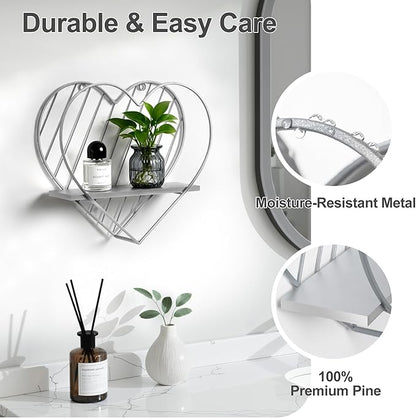 Afuly Wall Shelf Metal Grey Floating Shelves Heart Design Small Shelf Storage Rack Modern Romantic Farmhouse Style Cute Fancy Unique Nursery Room Bathroom Bedroom Wall Decor