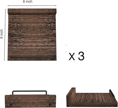 Small Floating Shelf, 6X6 Inches Farmhouse Wall Shelves for Living Room, Bedroom, Picture Frames, Plants, Kitchen, Set of 3 (Brown)