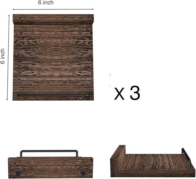 Small Floating Shelf, 6X6 Inches Farmhouse Wall Shelves for Living Room, Bedroom, Picture Frames, Plants, Kitchen, Set of 3 (Brown)