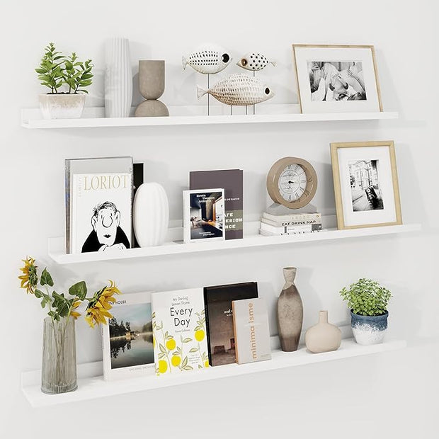 Axeman 48 Inch Floating Shelves | White Picture Ledge Shelf Set of 3 | Rustic Wood Wall Shelves with Lip | 48" White Picture Shelf for Wall with Ledge | Photo Shelves
