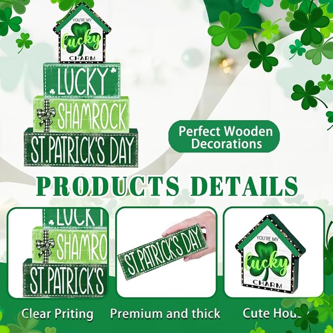 DIYDEC 4Pcs St.Patrick's Day Table Decoration Shamrocks House Wooden Block Signs Rustic St. Patrick Tiered Tray Decor Happy St.Patrick's Day Centerpiece Sign for Farmhouse Holiday Tabletop Party Decor