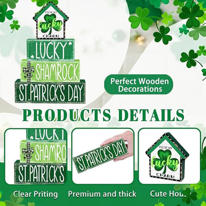 DIYDEC 4Pcs St.Patrick's Day Table Decoration Shamrocks House Wooden Block Signs Rustic St. Patrick Tiered Tray Decor Happy St.Patrick's Day Centerpiece Sign for Farmhouse Holiday Tabletop Party Decor