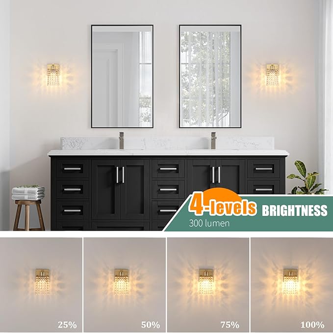 Set of 2 Crystal Battery Operated Wall Sconce,Rechargeable Wall Lamp with 5200mAh Battery & Remote Control, Modern Dimmable Wireless Wall Lights for Bedroom Bathroom (Clear, Gold Base)