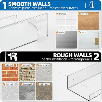 Albumgit 6 Pack Acrylic Shelves for Wall Storage, Self-Adhesive 15" Clear Floating Shelf for Figures, Photo, Makeup, Book, Wall Mounted Shelves for Bathroom, Living Room, Bedroom, Kitchen