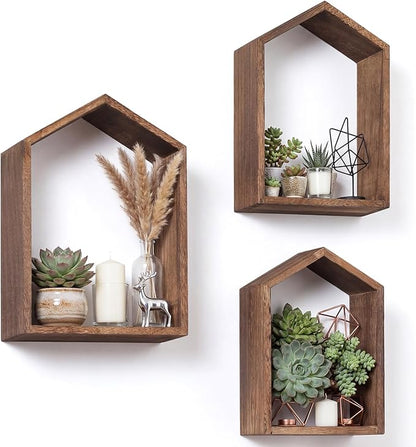 3 Set Wall Shelf 9.8 x 7.1 Inch Wooden Hanging Shelf Deep Display Storage Shelves Floating Shelves for Home Office Room Mini Figures Potted Plants Wall Decor(House,Brown)