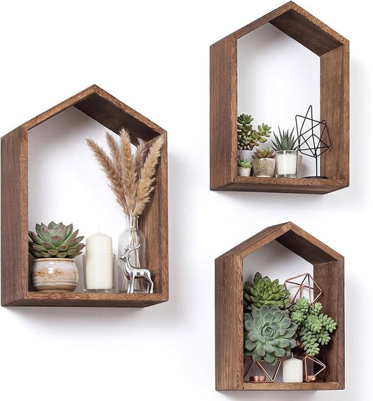 3 Set Wall Shelf 9.8 x 7.1 Inch Wooden Hanging Shelf Deep Display Storage Shelves Floating Shelves for Home Office Room Mini Figures Potted Plants Wall Decor(House,Brown)