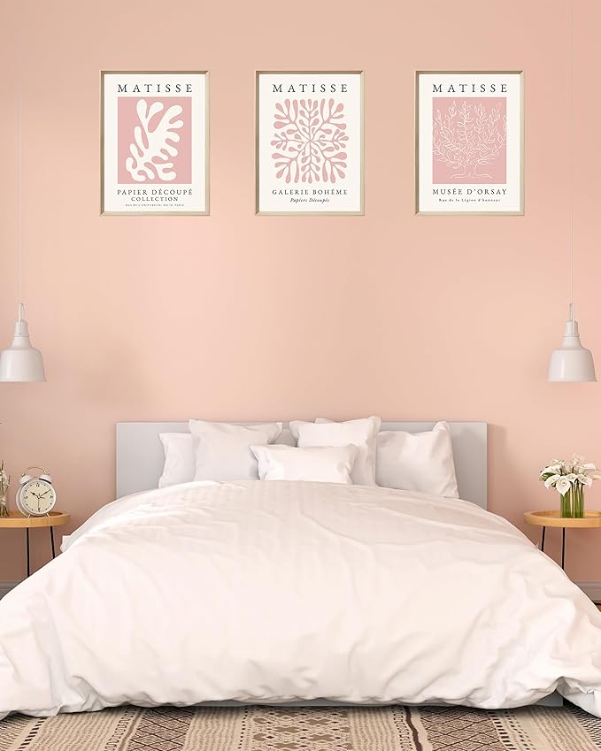 Framed Matisse Pink Canvas Wall Art,Abstract Matisse Canvas Wall Decor,16x12IN High Framed Wood Design Print,Minimalist Classic Decor Aesthetic for Living Room,Bedroom,Bathroom Set of 3