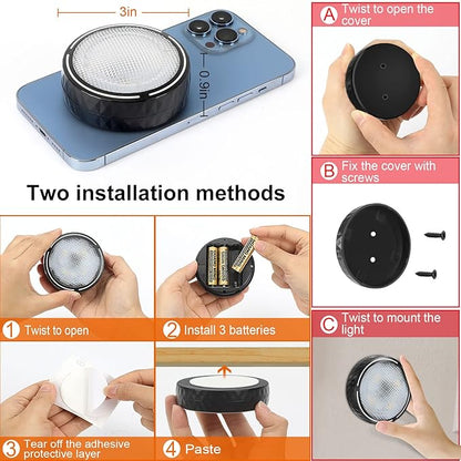 Battery Operated Puck Lights with Remote LED Under Cabinet Lighting Wireless Stick on Lights Color Changing Timer Tap Lights for Cabinets Shelves Closets Display Case - 2Pack Black