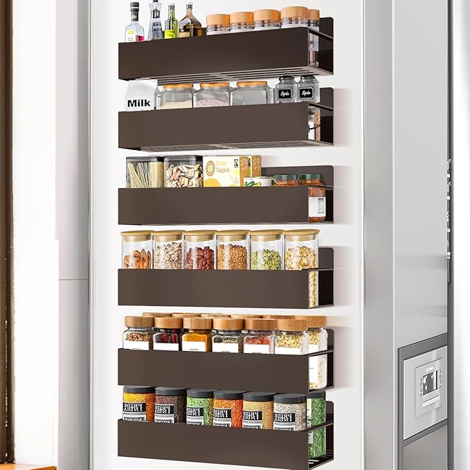 Magnetic Spice Rack Organizer for Fridge Seasoning Organizer for Kitchen storage with Screw Magnetic Shelf with Hook for Refrigerator and Oven (6pack-Bronze)