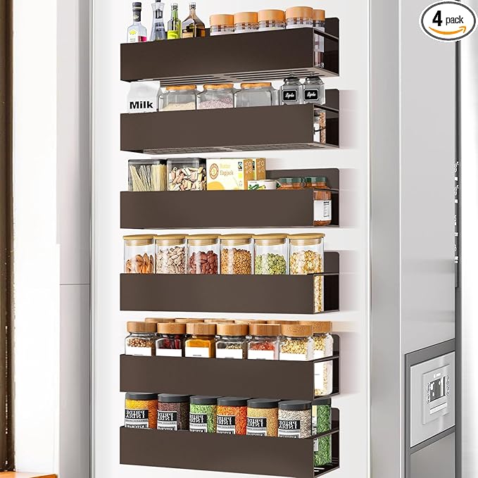 Magnetic Spice Rack Organizer for Fridge Seasoning Organizer for Kitchen storage with Screw Magnetic Shelf with Hook for Refrigerator and Oven (6pack-Bronze)