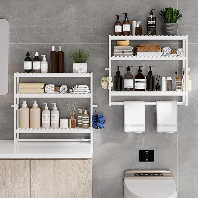 RRX Bathroom Shelf Storage Organizer, Bathroom Shelf 3-Tier Adjustable Layer Bamboo Organizer with Bar,Hanging, Freestanding Over Toilet Utility Shelves,White