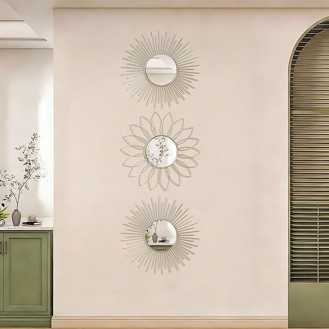 3 Pack Metal Mirrors for Wall Sunburst Wall Mirrors Home Décor Decorative Hanging Wall Art for Living Room Bedroom Entryway (Silver2, Flower+Sunburst)