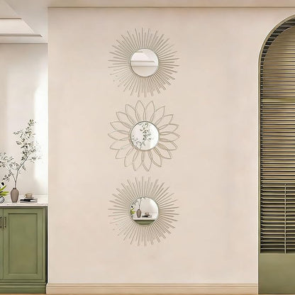 3 Pack Metal Mirrors for Wall Sunburst Wall Mirrors Home Décor Decorative Hanging Wall Art for Living Room Bedroom Entryway (Silver2, Flower+Sunburst)