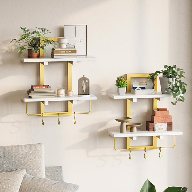 Floating Shelves, 15" Wall Shelf Set of 2, Hanging Bathroom Shelves 2-Tier, Wall Mounted Storage Shelves, for Living Room Bedroom Bathroom Kitchen Office Coffee Bar, White and Gold