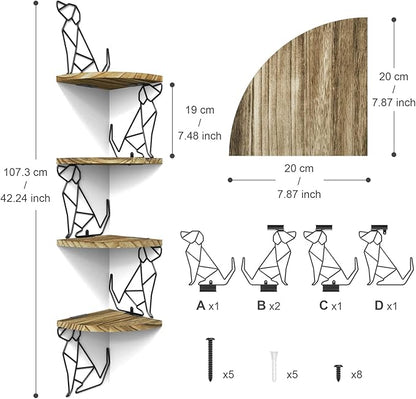 Alsonerbay Corner Shelf Wall Mount, 4 Tier Floating Shelves for Wall Storage, Rustic Wood Shelves for Bedroom, Living Room, Bathroom, Entryway, Garage (Dog Shaped)